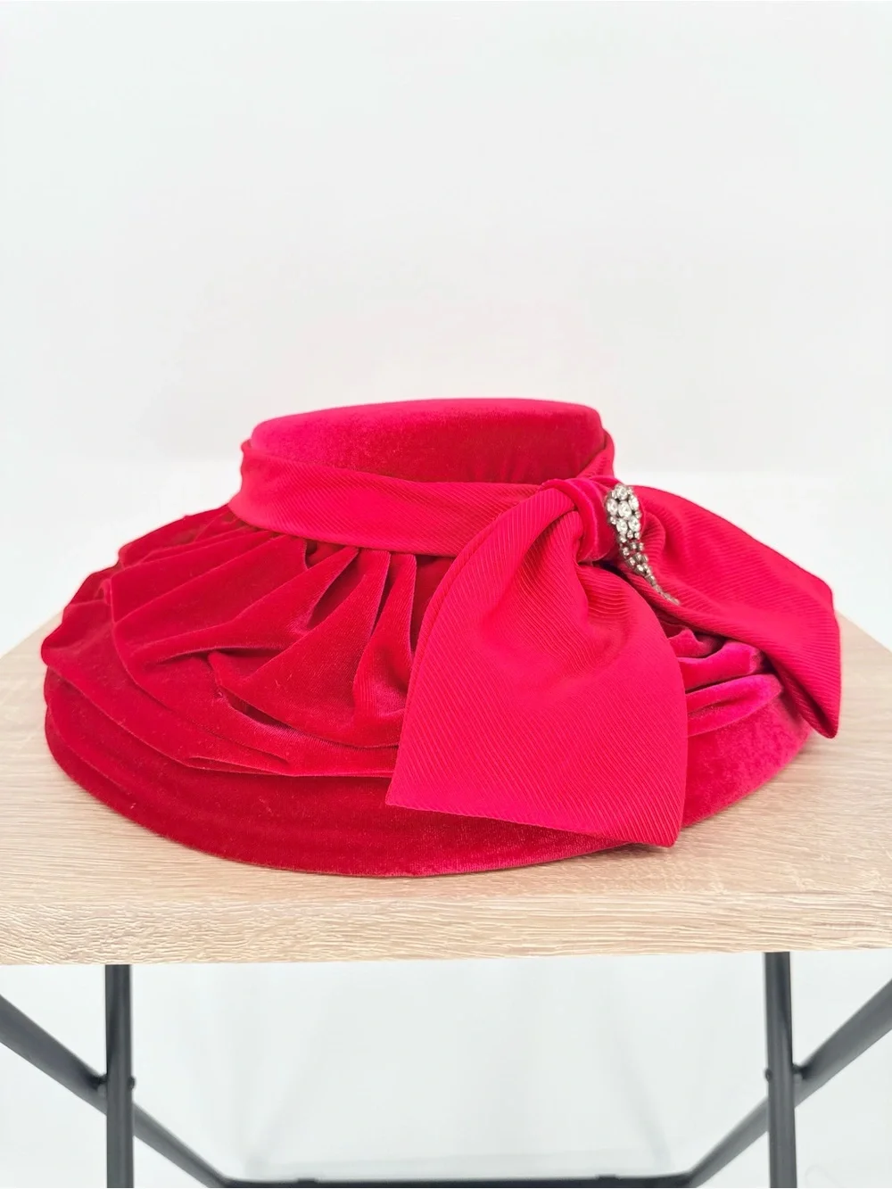 Whittall & Shon Vintage Red Wool Velvet Wide Brim Hat Rhinestone Bow Pillbox